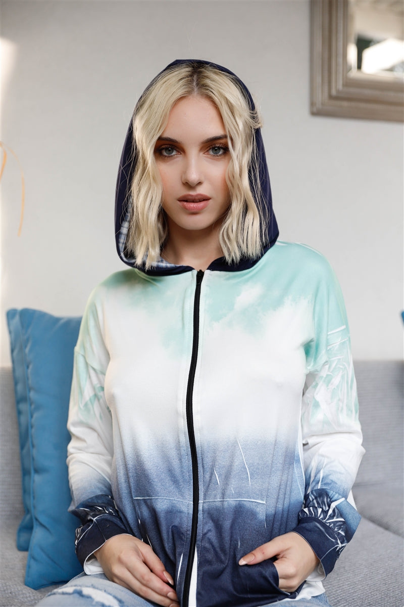 Feather & Tie-dye Print Contrast Plaid Hood Sweater