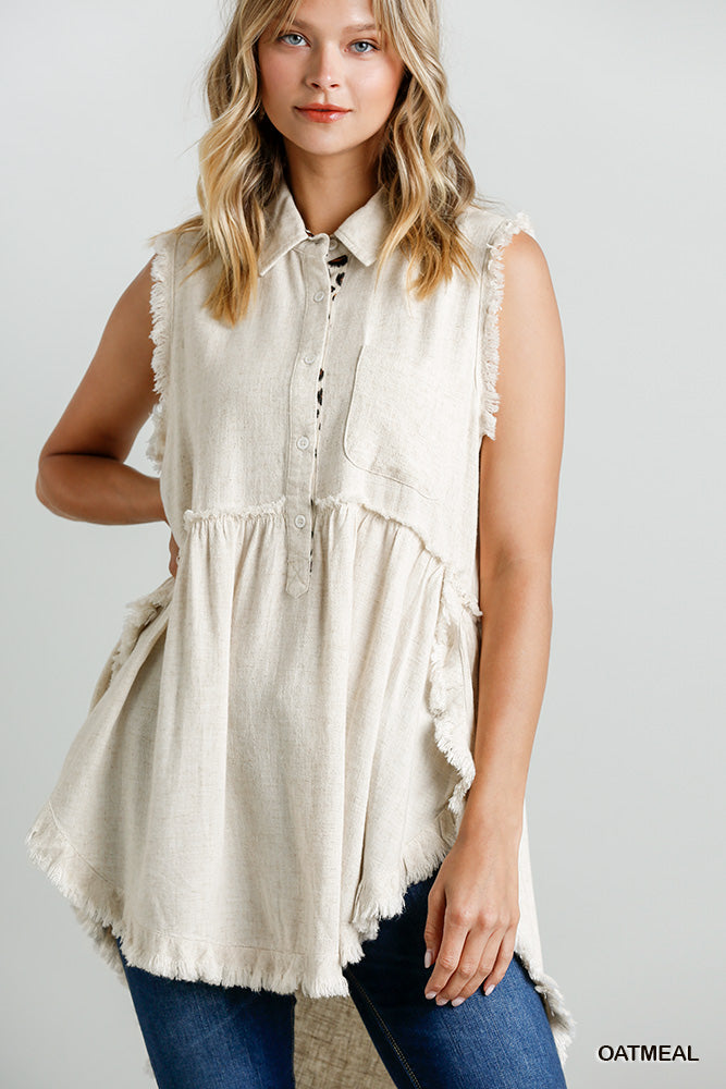 Linen Blend Sleeveless Button Front Tunic With Frayed Round Hems