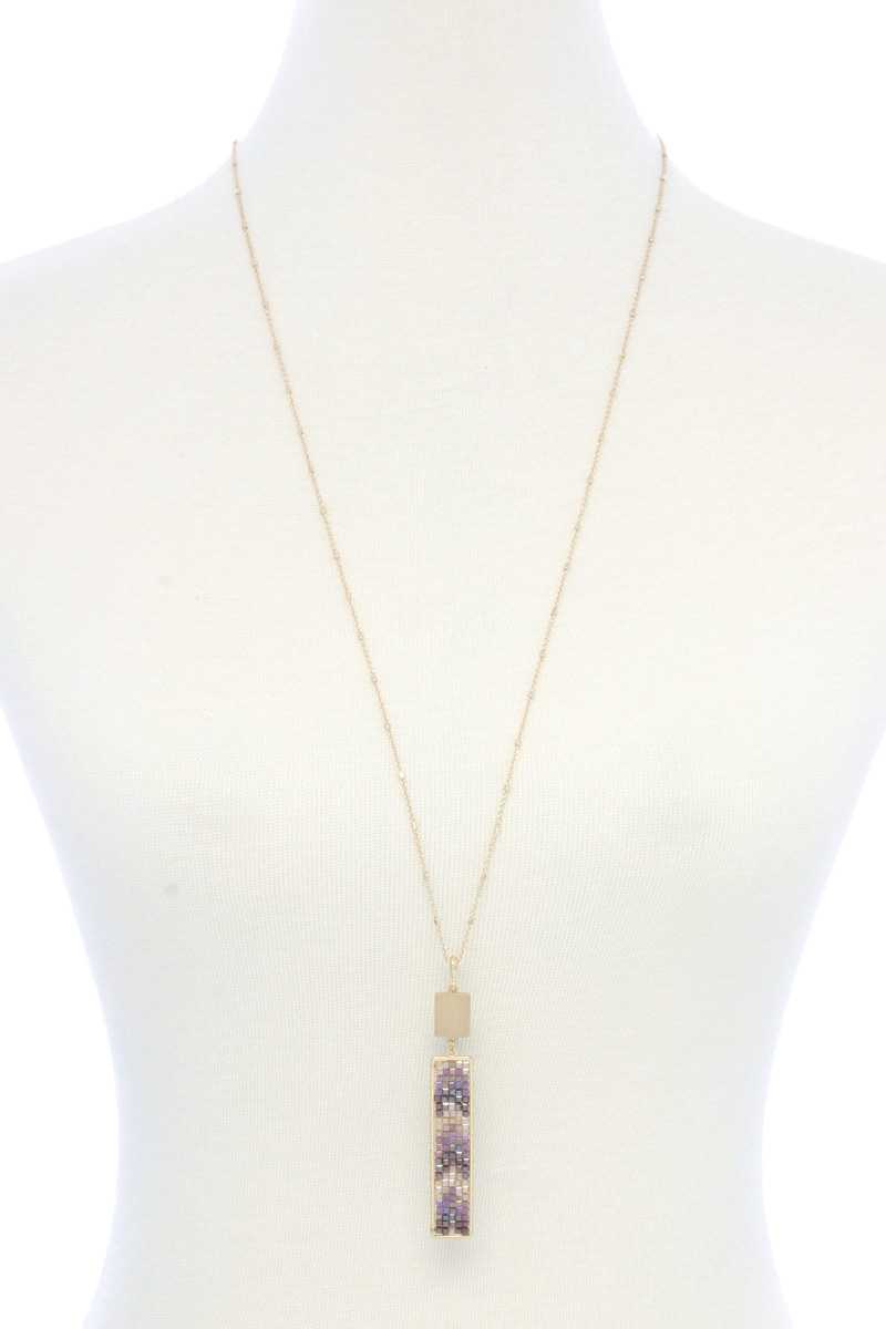 Long Rectangular Shape Beaded Pendant Necklace