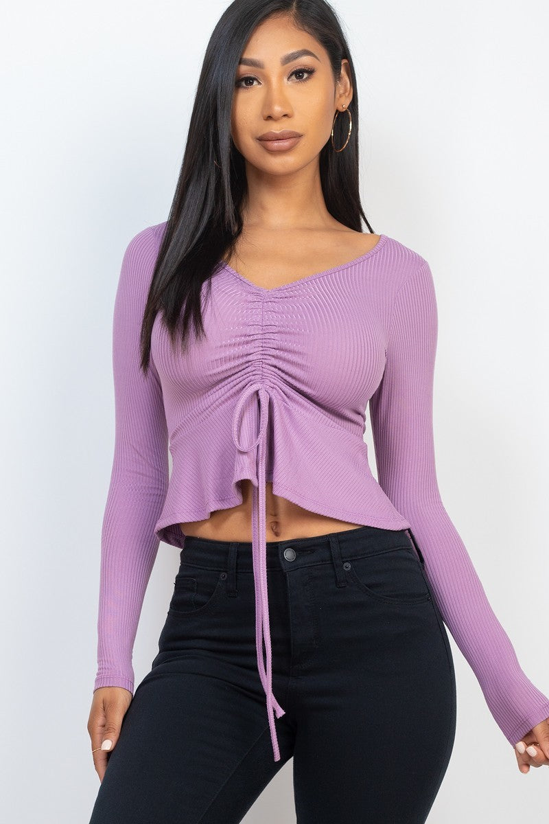 Ribbed Drawstring Front Long Sleeve Peplum Top