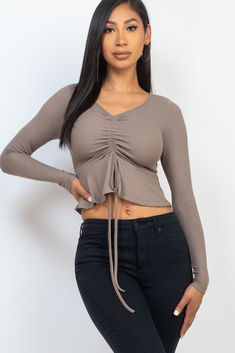 Ribbed Drawstring Front Long Sleeve Peplum Top