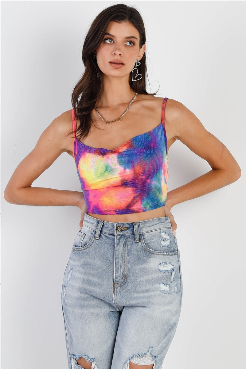 Multi Color Neon Tie-dye Lurex Cowl Neck Sleeveless Crop Top