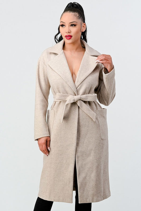 Luxe Wool Waist Tie Side Pockets Midi Length Coat